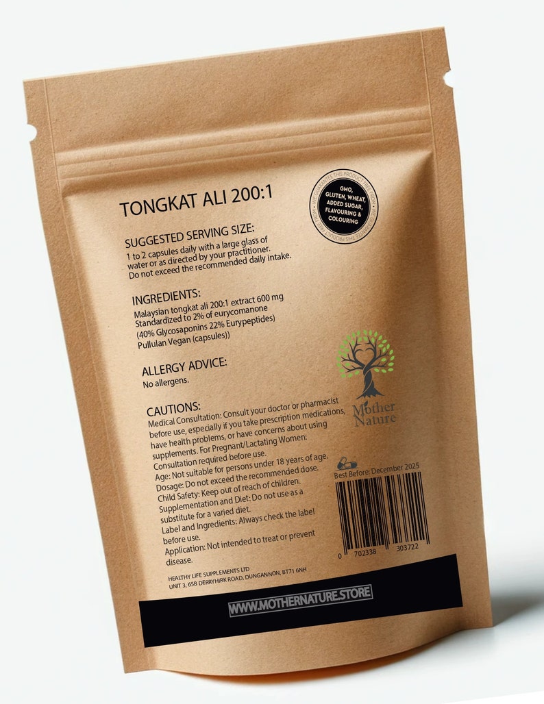 Tongkat Ali Capsules 200:1 Extract 2% Eurycomanone Tongkat Ali 600mg High Strength Natural UK Supplement Vegan image 2