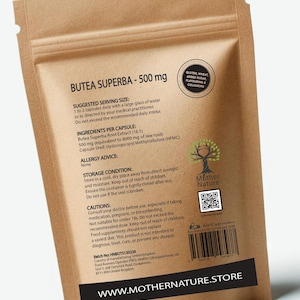 Pode incluir: Uma embalagem de papel castanho com c&aacute;psulas de Butea Superba da Mother Nature. O r&oacute;tulo inclui o nome do produto, a dosagem, os ingredientes e as instru&ccedil;&otilde;es de uso. A embalagem tamb&eacute;m apresenta um log&oacute;tipo e um endere&ccedil;o web.