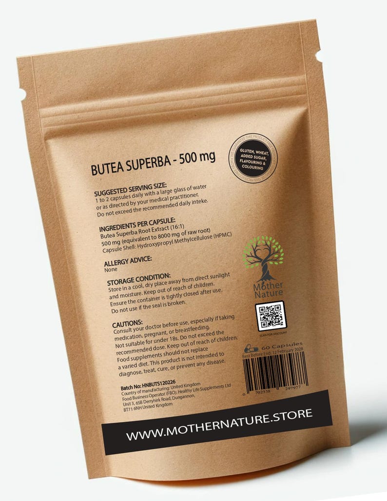 Pode incluir: Uma embalagem de papel castanho com c&aacute;psulas de Butea Superba da Mother Nature. O r&oacute;tulo inclui o nome do produto, a dosagem, os ingredientes e as instru&ccedil;&otilde;es de uso. A embalagem tamb&eacute;m apresenta um log&oacute;tipo e um endere&ccedil;o web.