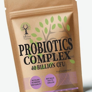 May include: A brown kraft paper pouch of Mother Nature Probiotics Complex 40 Billion CFU food supplement. The packaging features a green tree graphic, black text, and two purple circles containing text about quality, fillers, binders, and ease of use.