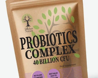 May include: A brown kraft paper pouch of Mother Nature Probiotics Complex 40 Billion CFU food supplement. The packaging features a green tree graphic, black text, and two purple circles containing text about quality, fillers, binders, and ease of use.