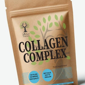 May include: A brown paper bag with a zipper closure. The bag has a green tree logo with the words "Mother Nature" underneath. The bag also has the words "COLLAGEN COMPLEX" in large black letters and the words "Food Supplement" in smaller black letters. There are two blue circles with white text that say "NO FILLERS NO BINDERS HIGH QUALITY" and "BEST VALUE EASY TO SWALLOW". The bag also has a small Union Jack flag and the words "Made in UK".