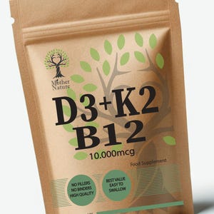 May include: A brown paper bag with a green leaf design. The bag contains a dietary supplement labelled "D3+K2 B12 10,000mcg" and "Food Supplement". The bag also has a label that says "No Fillers, No Binders, High Quality" and "Best Value Easy to Swallow".