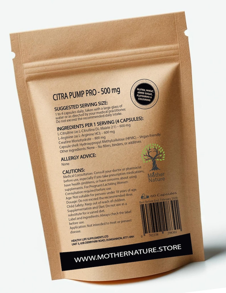 May include: A brown pouch of Citra Pump Pro 500 mg capsules. The label includes serving size, ingredients, allergy advice, and cautions. The pouch has a Mother Nature logo and states it contains 60 capsules. The website address is www.mothernature.store.