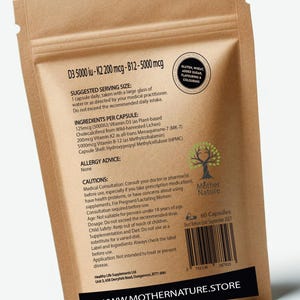 May include: A brown paper bag of Mother Nature supplements. The label displays "D3 5000 iu - K2 200 mcg - B12 - 5000 mcg" and "60 Capsules". The bag also lists ingredients and cautions. The website address is www.mothernature.store.