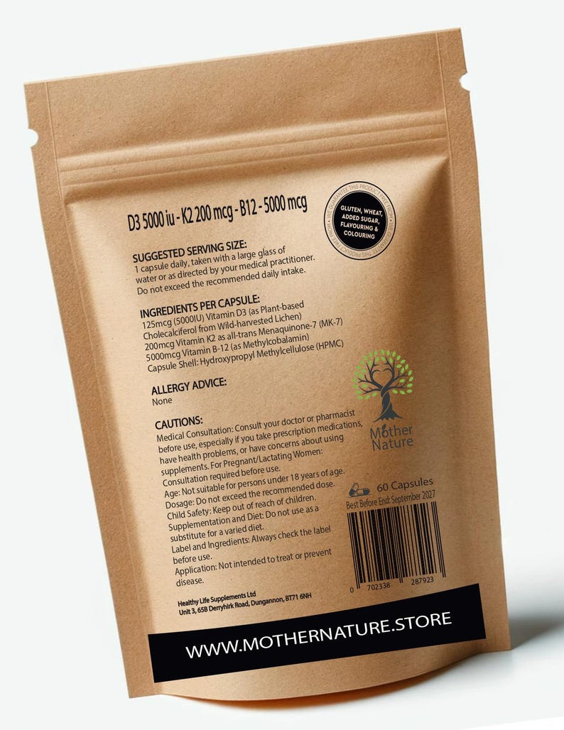 May include: A brown paper bag of Mother Nature supplements. The label displays "D3 5000 iu - K2 200 mcg - B12 - 5000 mcg" and "60 Capsules". The bag also lists ingredients and cautions. The website address is www.mothernature.store.
