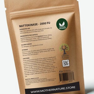 May include: A brown paper stand-up pouch containing Nattokinase 2000 FU capsules. The front label features black text detailing ingredients, suggested use, and cautions, a green circular vegan logo, a tree icon, a QR code, and a barcode.