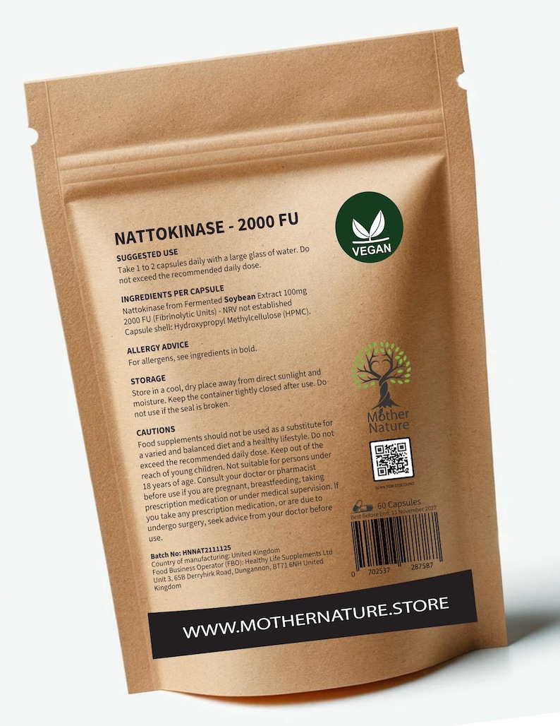 May include: A brown paper stand-up pouch containing Nattokinase 2000 FU capsules. The front label features black text detailing ingredients, suggested use, and cautions, a green circular vegan logo, a tree icon, a QR code, and a barcode.