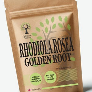 Peut inclure: Un sachet en papier brun contenant un complément alimentaire de Rhodiola Rosea Golden Root. Le sac présente un logo d'arbre, des accents de feuilles vertes et le texte "Mother Nature". Le texte supplémentaire comprend "Sans agents de remplissage, sans liants, de haute qualité".
