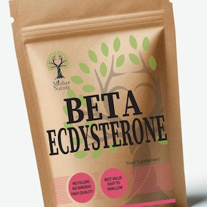 May include: A brown paper bag with a white label that says "Mother Nature Beta Ecdysterone Food Supplement". The label also has a green tree logo and two pink circles with white text that says "No Fillers No Binders High Quality" and "Best Value Easy to Swallow". The bottom of the label says "Made in UK".