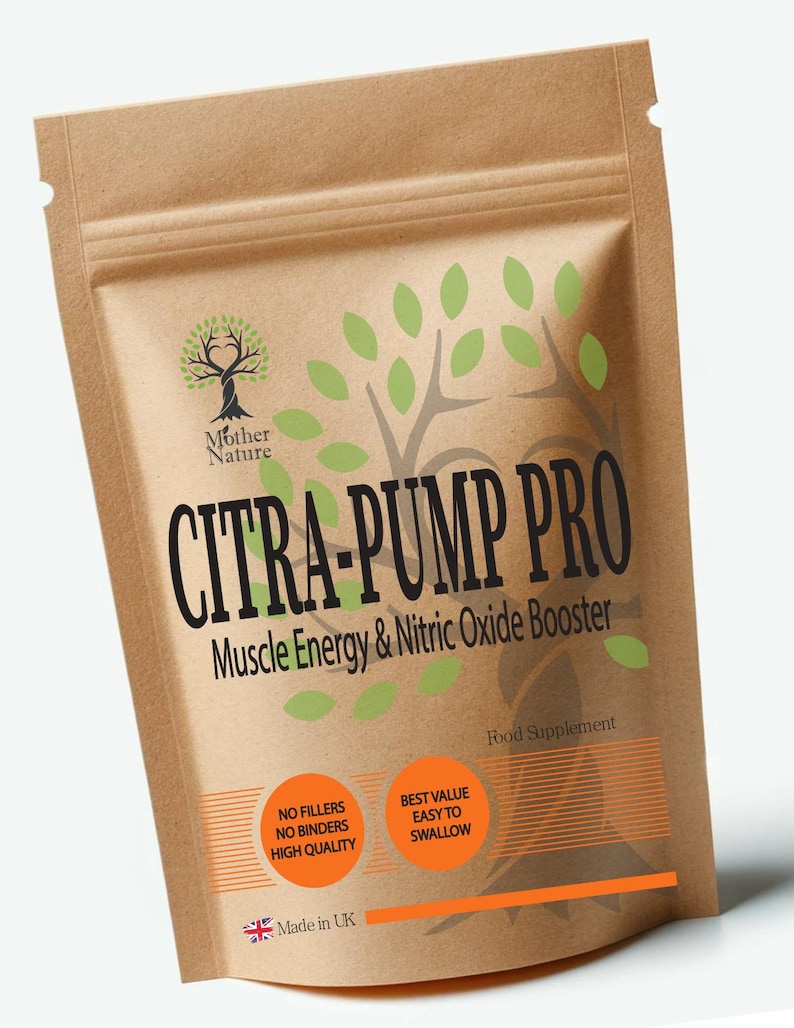May include: A brown pouch with the text "CITRA-PUMP PRO" and "Muscle Energy & Nitric Oxide Booster." The pouch also features the "Mother Nature" logo, green leaf accents, and the phrases "NO FILLERS," "BEST VALUE," and "Made in UK."