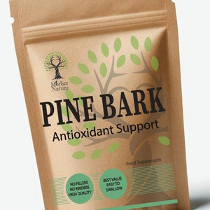 May include: A brown paper bag with a green and white label that says "Pine Bark Antioxidant Support" and "Mother Nature". The label also includes the text "No Fillers, No Binders, High Quality" and "Best Value, Easy to Swallow".