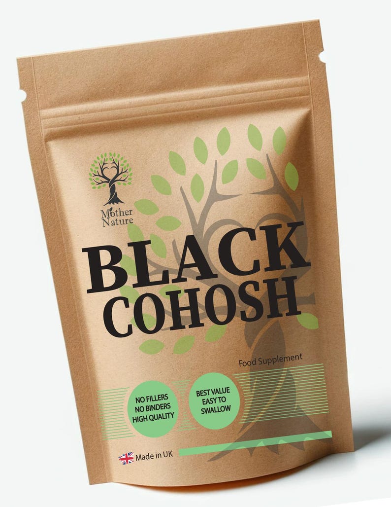 May include: A brown paper bag with a white label that says "Black Cohosh" in black text. The label also has a green leaf design and the text "Mother Nature" in black text. The bag is a food supplement and says "No Fillers, No Binders, High Quality" and "Best Value, Easy to Swallow". The bag also says "Made in UK" with a UK flag icon.