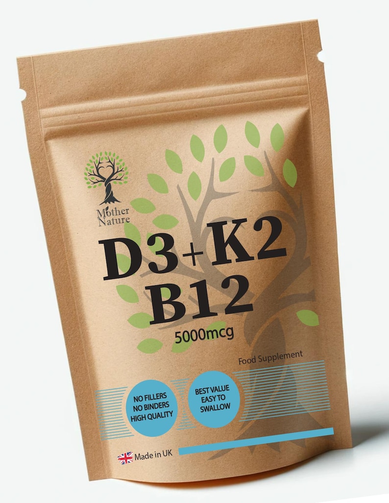 May include: A brown paper bag of food supplement with the text "D3+K2 B12 5000mcg". The bag features a tree logo and the words "Mother Nature". Additional text includes "No Fillers", "Best Value", and "Made in UK".