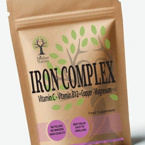 Iron Complex with Vitamin C, B12, Copper & Magnesium – High Absorption Gentle Formula – 28mg Elemental Iron (Bisglycinate)