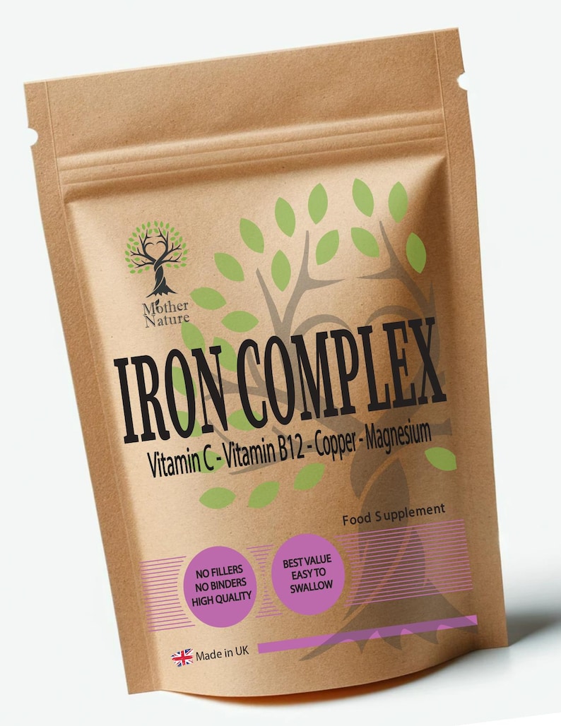 Complejo de hierro con vitamina C, B12, cobre y magnesio – Fórmula suave de alta absorción – 28 mg de hierro elemental (bisglicinato) imagen 1