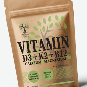 Vitamin D3 K2 B12 with Calcium & Magnesium Clean Natural Vegan Capsules Mother Nature