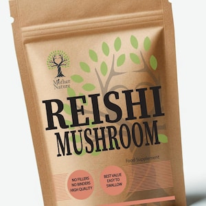 May include: A brown paper bag with a white label that says "Mother Nature Reishi Mushroom Food Supplement". The label also has a green tree logo and text that says "No fillers, no binders, high quality" and "Best value, easy to swallow".