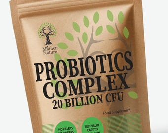 May include: A brown kraft paper pouch containing a food supplement labeled PROBIOTICS COMPLEX 20 BILLION CFU. The design features a tree graphic with green leaves, the text Mother Nature, and circular badges stating NO FILLERS NO BINDERS HIGH QUALITY and BEST VALUE EASY TO SWALLOW.