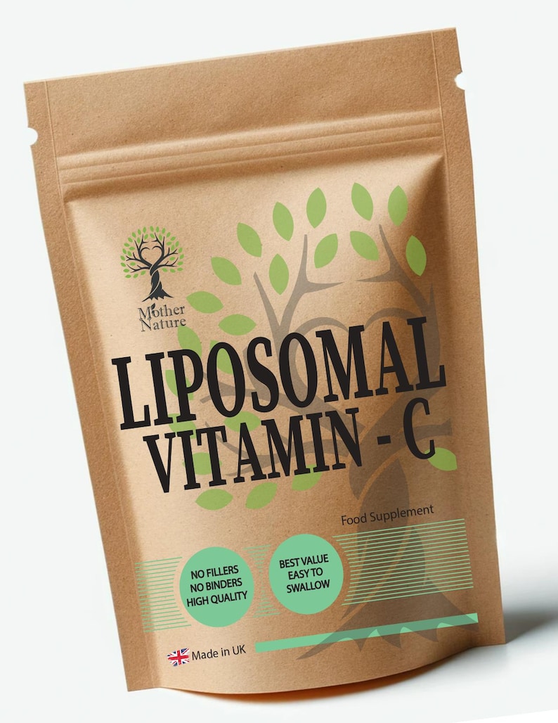 May include: A brown kraft paper pouch of Liposomal Vitamin C food supplement. The label features a tree graphic, the text Mother Nature, Liposomal Vitamin C, No Fillers, No Binders, High Quality, Best Value, Easy To Swallow, and Made in UK.
