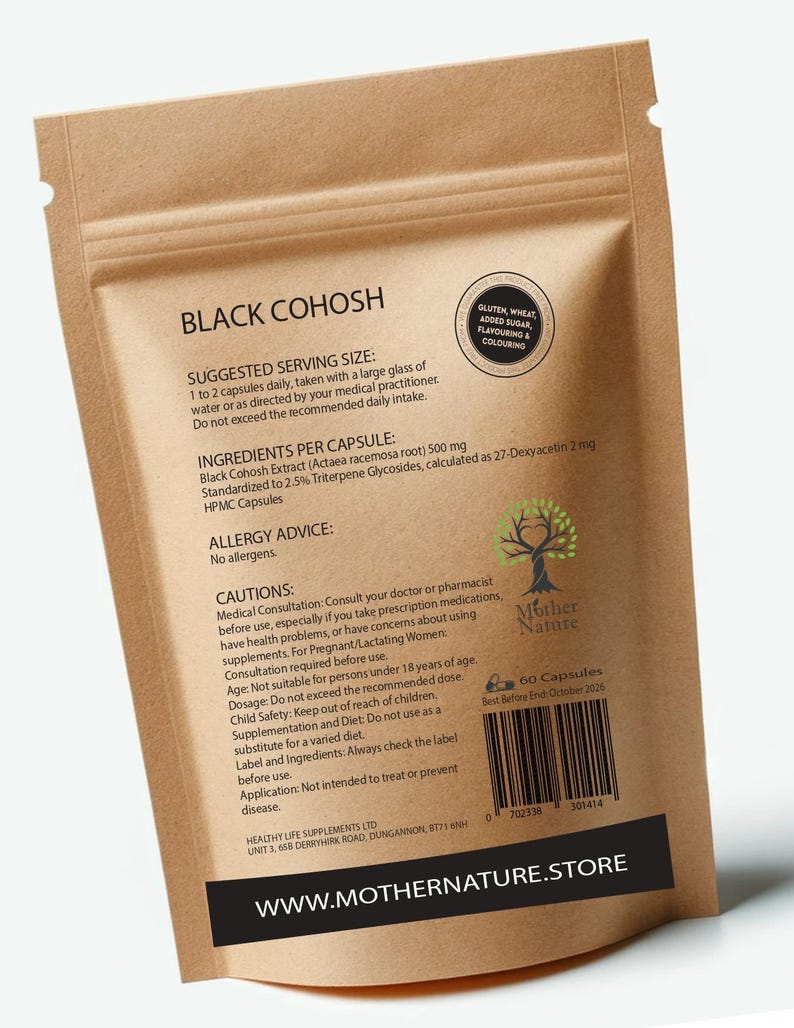 May include: A brown paper bag with a white label that says "Black Cohosh" and lists the ingredients, suggested serving size, and cautions. The label also includes a disclaimer about gluten, wheat, added sugar, flavoring, and coloring. The bag has a white label with the Mother Nature logo and a barcode.
