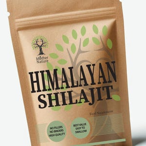 May include: A brown kraft paper pouch containing Himalayan Shilajit food supplement. The label features a tree graphic, the text Mother Nature, Himalayan Shilajit, Food Supplement, No Fillers, No Binders, High Quality, Best Value Easy To Swallow, and Made in UK.