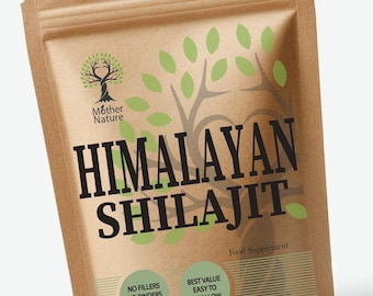 Puede incluir: Una bolsa de papel kraft marrón que contiene suplemento alimenticio Himalayan Shilajit. La etiqueta presenta un gráfico de árbol, el texto Mother Nature, Himalayan Shilajit, Food Supplement, No Fillers, No Binders, High Quality, Best Value Easy To Swallow y Made in UK.