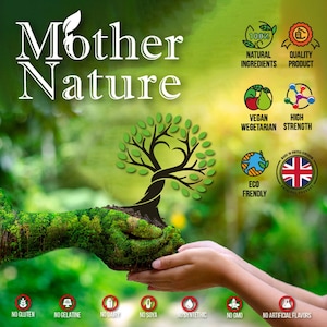 Puede incluir: Dos manos sosteniendo un &aacute;rbol verde con un tronco en forma de coraz&oacute;n. La imagen tiene el texto "Mother Nature" en la parte superior y varios iconos con texto como "100% Ingredientes Naturales", "Producto de Calidad", "Vegano Vegetariano", "Alta Resistencia", "Ecol&oacute;gico", "Sin Gluten", "Sin Gelatina", "Sin L&aacute;cteos", "Sin Soja", "Sin Sint&eacute;tico", "Sin OMG", y "Sin Sabores Artificiales".
