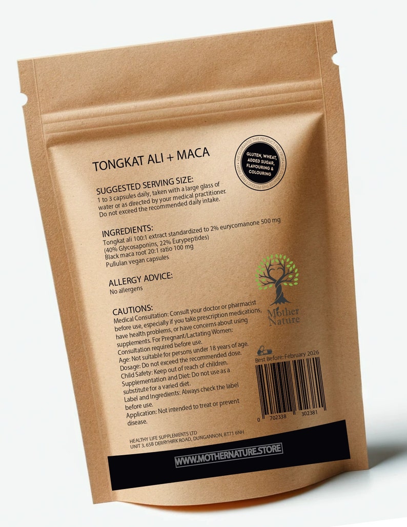 Tongkat Ali Maca Mix, gélules de tongkat haute résistance, 600 mg, suppléments végétaliens naturels, extrait 100:1 d'eurycomanone 2 % image 2