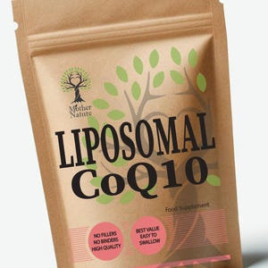 May include: A brown pouch with the text "LIPOSOMAL CoQ10" and the words "Mother Nature" above it. The pouch also has the text "Food Supplement", "NO FILLERS NO BINDERS HIGH QUALITY", and "BEST VALUE EASY TO SWALLOW". The words "Made in UK" are also present.
