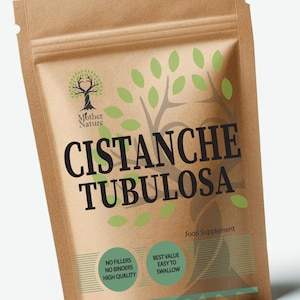 Peut inclure: Un sachet en papier kraft brun contenant un complément alimentaire Cistanche Tubulosa. L'étiquette présente un logo d'arbre, le texte Mother Nature, Cistanche Tubulosa, Food Supplement, No Fillers, No Binders, High Quality, Best Value, Easy To Swallow, et Made in UK.