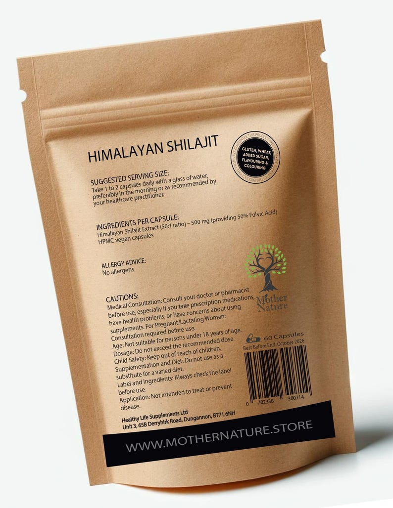 May include: A brown paper bag with a white label that says "Himalayan Shilajit" and lists the ingredients, serving size, and cautions. The bag also has a black and white barcode and a "Mother Nature" logo.