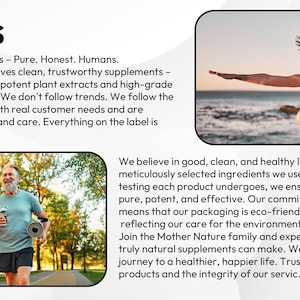 Puede incluir: Imagen que promociona Mother Nature Supplements. Presenta dos fotos: una pareja haciendo ejercicio al aire libre y un hombre cargando a una mujer sobre su espalda en la playa. El texto enfatiza suplementos limpios y confiables.