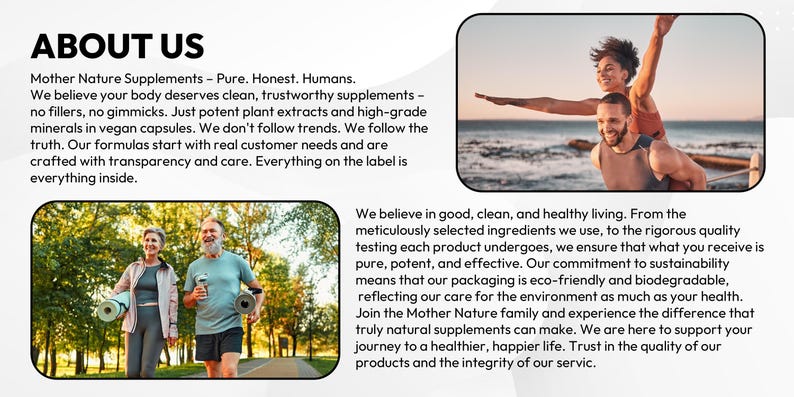 Puede incluir: Imagen que promociona Mother Nature Supplements. Presenta dos fotos: una pareja haciendo ejercicio al aire libre y un hombre cargando a una mujer sobre su espalda en la playa. El texto enfatiza suplementos limpios y confiables.