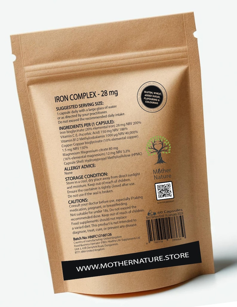 Complejo de hierro con vitamina C, B12, cobre y magnesio – Fórmula suave de alta absorción – 28 mg de hierro elemental (bisglicinato) imagen 2