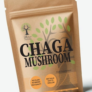 May include: A brown paper bag with a white label that says "Chaga Mushroom Food Supplement". The label also says "No Fillers, No Binders, High Quality" and "Best Value Easy to Swallow". The bag is made in the UK.