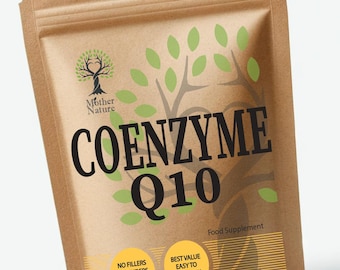 May include: A brown pouch of Coenzyme Q10 food supplement. The package features the text "COENZYME Q10" in large black letters, with the brand name "Mother Nature" above. Additional text includes "No Fillers, No Binders, High Quality" and "Best Value, Easy to Swallow."