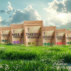 May include: Six brown pouches are displayed on a grassy field under a blue sky. The pouches are labelled with names like "Turkesterone" and "Milk Thistle." Each pouch features a green tree logo. The scene is set in a natural environment.