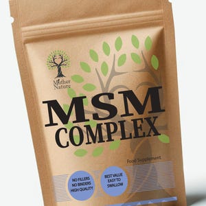 May include: A brown paper bag with a white label that says "MSM COMPLEX" in black text. The label also says "Food Supplement" and has a green tree logo with the words "Mother Nature".