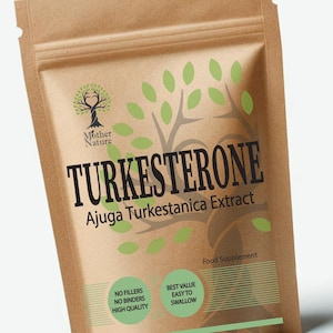 Puede incluir: Una bolsa de papel marrón con un diseño de hojas verdes y el texto "TURKESTERONE Ajuga Turkestanica Extract" impreso en ella. La bolsa también tiene el texto "Food Supplement" y "Made in UK" impreso en ella.