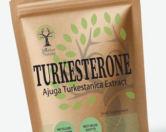 Op de afbeelding: Een bruine papieren zak met een groen bladerenontwerp en de tekst "TURKESTERONE Ajuga Turkestanica Extract" erop gedrukt. De zak heeft ook de tekst "Food Supplement" en "Made in UK" erop gedrukt.