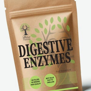 May include: A brown kraft paper pouch containing digestive enzymes food supplement. The front features a tree logo, the text Mother Nature, Digestive Enzymes, and circular badges stating No Fillers, No Binders, High Quality, Best Value, Easy To Swallow.