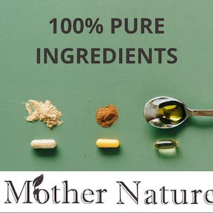 Pode incluir: Um fundo verde com o texto "100% PURE INGREDIENTS" em preto. H&aacute; tr&ecirc;s pilhas de p&oacute;, duas c&aacute;psulas e uma colher com &oacute;leo. O texto "Mother Nature" est&aacute; na parte inferior da imagem.