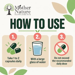 May include: An instructional graphic for Mother Nature Supplements titled HOW TO USE. It features three steps: 1. Take 1 to 2 capsules daily, 2. With a large glass of water, and 3. Do not exceed the recommended daily dose, using icons of capsules and water.