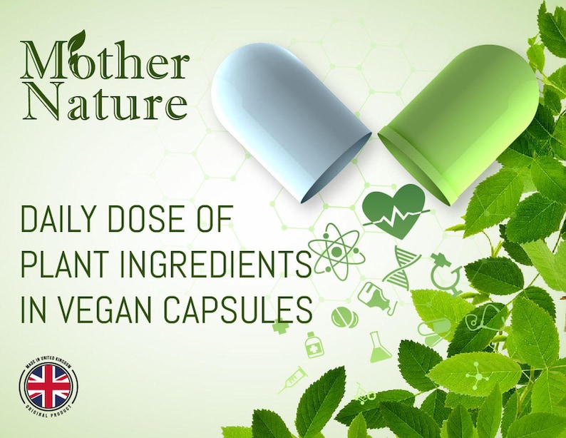 Pode incluir: Uma c&aacute;psula dividida com uma casca verde e azul, com o texto "Mother Nature" e "Daily Dose of Plant Ingredients in Vegan Capsules" em um fundo verde com folhas e s&iacute;mbolos cient&iacute;ficos.