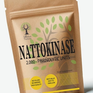 May include: A brown kraft paper pouch containing a food supplement labeled NATTOKINASE 2.000 FIBRINOLYTIC UNITS. The packaging features a green tree logo, text stating NO FILLERS NO BINDERS HIGH QUALITY, BEST VALUE EASY TO SWALLOW, and Made in UK.