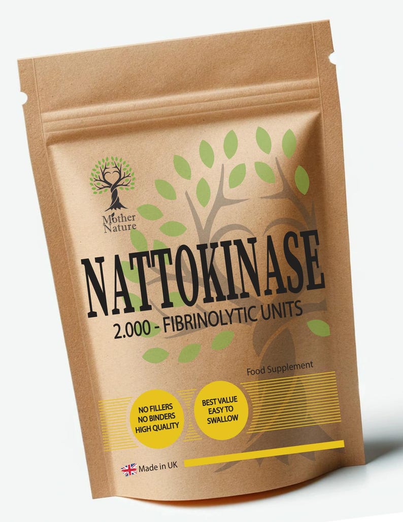 May include: A brown kraft paper pouch containing a food supplement labeled NATTOKINASE 2.000 FIBRINOLYTIC UNITS. The packaging features a green tree logo, text stating NO FILLERS NO BINDERS HIGH QUALITY, BEST VALUE EASY TO SWALLOW, and Made in UK.