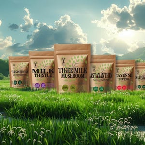 Puede incluir: Seis bolsas de papel marr&oacute;n con diferentes etiquetas para varios suplementos. Las etiquetas incluyen "C&uacute;rcuma", "Cardo Mariano", "Hongo de leche de tigre", "Astaxantina", "Pimienta de Cayena" y "Nattokinasa". Las bolsas est&aacute;n dispuestas en una fila sobre un campo de hierba verde con un cielo azul y nubes blancas en el fondo.