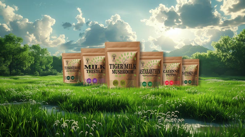 Puede incluir: Seis bolsas de papel marr&oacute;n con diferentes etiquetas para varios suplementos. Las etiquetas incluyen "C&uacute;rcuma", "Cardo Mariano", "Hongo de leche de tigre", "Astaxantina", "Pimienta de Cayena" y "Nattokinasa". Las bolsas est&aacute;n dispuestas en una fila sobre un campo de hierba verde con un cielo azul y nubes blancas en el fondo.
