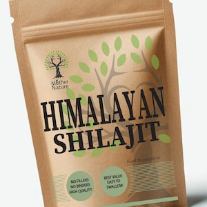May include: A brown kraft paper pouch containing Himalayan Shilajit food supplement. The label features a tree graphic, the text Mother Nature, Himalayan Shilajit, Food Supplement, No Fillers, No Binders, High Quality, Best Value Easy To Swallow, and Made in UK.